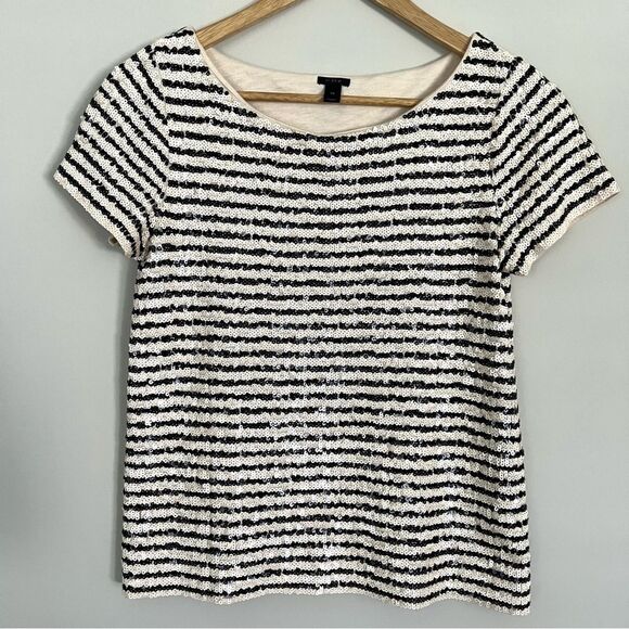 J. Crew Ivory and Black Sequin Stripe Embellished T-shirt, Size XS - Picture 3 of 14